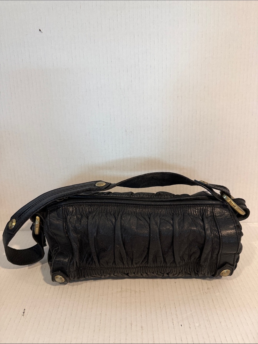 NICOLI Black Gathered Leather Shoulder Bag